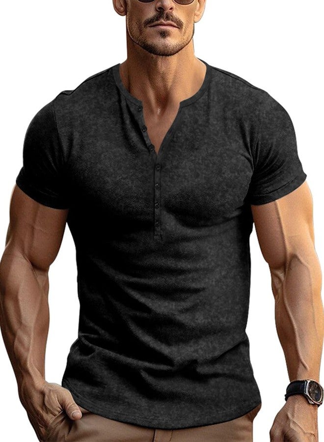 Gnvviwl Retro Henley Shirts for Men Short Sleeve Distressed Casual Button Slim Fit Tee Shirts Black - Image 1